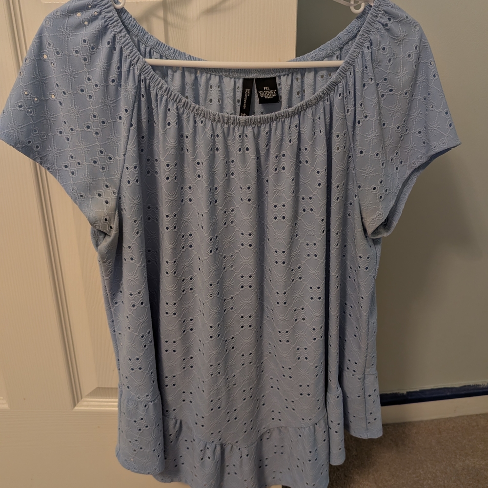 New Direction Petite Light Blue Eyelet Blouse, Size Petite XL, Gently Used
